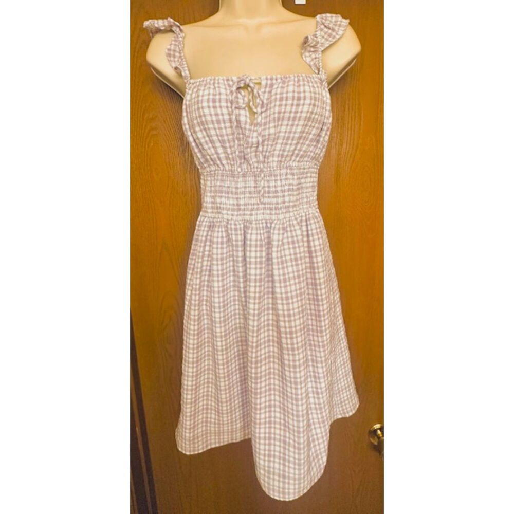 WAYF Lavender Gingham Checkered Preppy Baby Doll Smocked Waist Short Dress XS